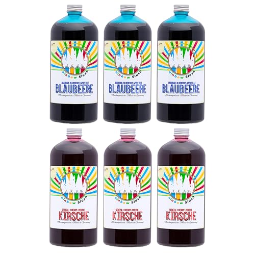 Rainbow Slush Sirup AZO FREI | 6x1 Liter Flasche | Konzentrat für Slushy Maker Eis Slushmaschinen Eismaschinen Getränke 1:5 bis 1:20 (3xBlaubeere/3xKirsche) von Hopser Food Fun