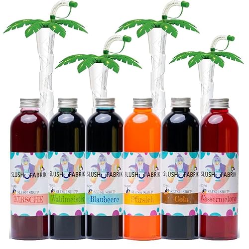 Sirup Partyset 6 x 250ml für Slush, Getränke AZO und Glycerol Frei | Slushy Eis selber machen | Slushmaschine Konzentrat 1:5, (6x 250ml Slush Set + 4 Palmen Grün) von Hopser Food Fun