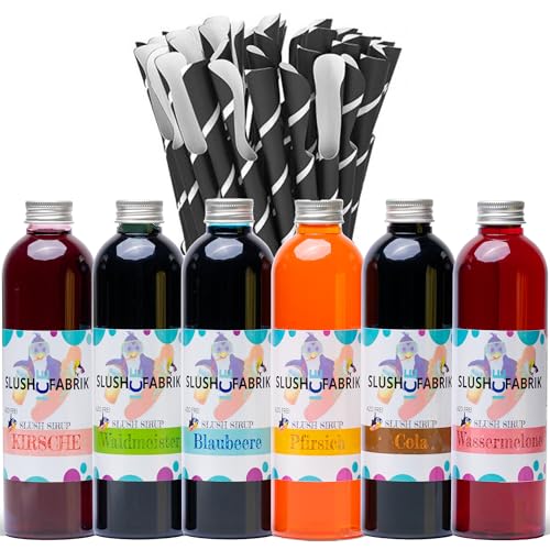 Sirup Partyset 6 x 250ml und 125 Löffelstrohhalme aus Papier für Slush, Getränke AZO und Glycerin Frei | Slushy Eis selber machen | Slushmaschine Konzentrat 1:5, Perfekt für Ninja Slushy Maschine von Hopser Food Fun