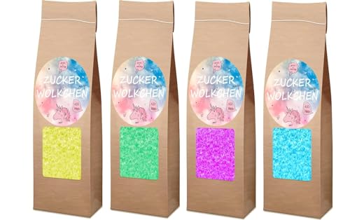 Zuckerwatte Zucker AZO Frei Set aus 4 x 100g mit Natürliches Aroma und Farbstoff für ca. 30 Portionen von Hopser Food Fun
