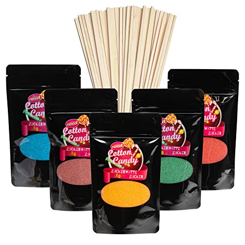 Zuckerwatte Zucker Set 5 x 200g Premium Aroma Zucker + Stäbe (5 x 200g + 50 Stäbe) von Hopser Food Fun