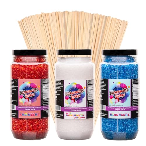 Zuckerwatte Zucker Set Grob 3x700 g mit 100 Stäben (Blaubeere, Erdbeere, Weiß) von Hopser Food Fun