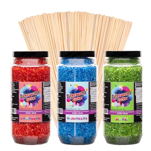 Zuckerwatte Zucker Set XL Grob 3x700 g mit 100 Stäben 2100 g (Blaubeere, Erdbeere, Apfel) von Hopser Food Fun