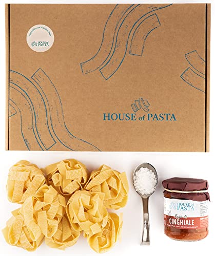 Pasta-Rezept-Kit - Pappardelle mit Wildschweinragù | Doppelte Portion | Italienische Gourmet-Nudeln aus getrockneten Eiern, serviert mit feinster italienischer Sauce | Gericht in 6 Minuten fertig von House Of Pasta