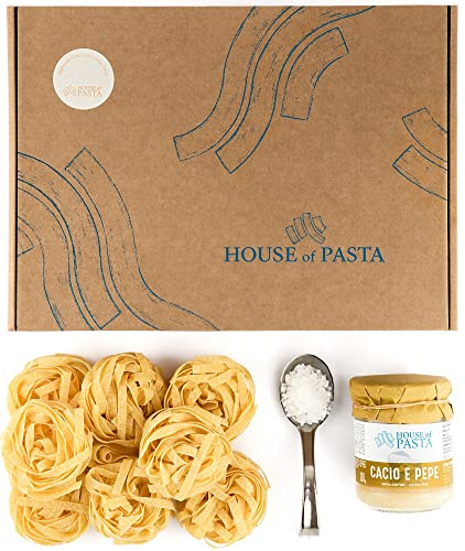 Pasta-Rezept-Kit - Tagliatelle mit Cacio e Pepe | Doppelte Portion | Italienische Gourmet-Nudeln aus getrockneten Eiern, serviert mit feinster italienischer Sauce | Gericht in 6 Minuten fertig von House Of Pasta