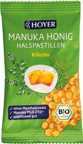 HOYER Manuka Honig Halspastillen Kräuter Bio ohne Mentholzusatz - Mit echtem Manukahonig, MGO 250+ - Wohltuend für Hals & Rachen - 30 g von Hoyer