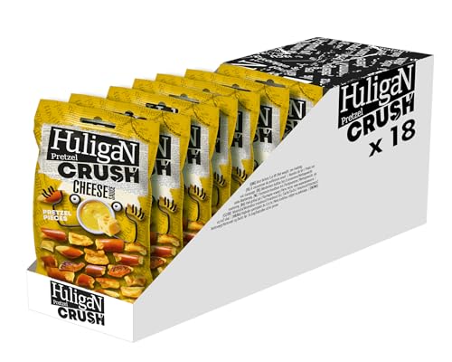 Huligan Brezeln Crush Käsesauce (Packung mit 18 x 65 g) – Gebackene Brezel Dünne herzhafte Snacks Bulk Gesunde Vegetarische Snackbox Jalepenos Chips Multipack von HuligaN