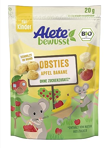 Alete bewusst Obsties Apfel Banane, ab 3 Jahren, gefriergetrocknete Bio-Fruchtchips, Früchte-Snack für Kinder, verzehrfertig im verschließbaren Beutel, 20 g von Alete