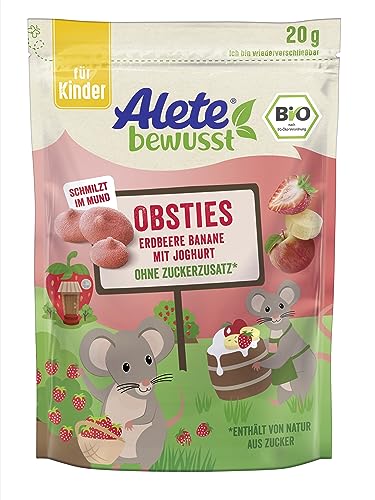 Alete bewusst Obsties Erdbeere Banane mit Joghurt, ab 3 Jahren, gefriergetrocknete Bio-Fruchtchips, Früchte-Snack für Kinder, verzehrfertig im verschließbaren Beutel, 20 g von Alete
