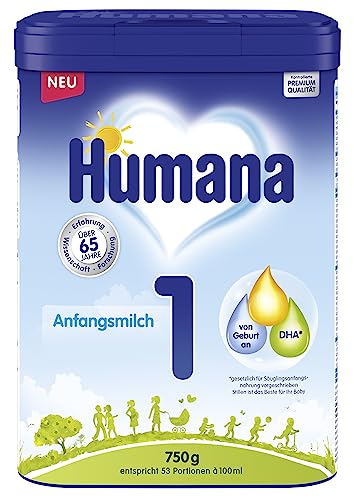Humana Anfangsmilch 1, von Geburt an, Milchpulver für Säuglingsmilch, zusätzlich zur Muttermilch oder als alleinige Babynahrung, Anfangsnahrung mit DHA und nur Laktose, 750 g von Humana