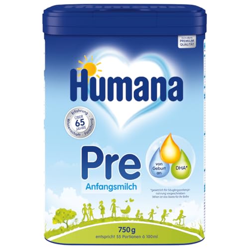 Humana Anfangsmilch Pre, von Geburt an, Milchpulver für Säuglingsmilch, zusätzlich zur Muttermilch oder als alleinige Pre Nahrung, Babynahrung mit DHA und nur Laktose, 750 g von Humana