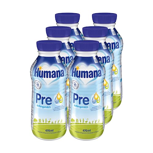 Humana Anfangsmilch Pre trinkfertig, von Geburt an, trinkfertige Säuglingsmilch, zusätzlich zur Muttermilch oder als alleinige Pre Nahrung, Babynahrung mit DHA und nur Laktose, 6 x 470 ml von Humana