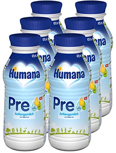 Humana Anfangsmilch Pre trinkfertig, von Geburt an, trinkfertige Säuglingsmilch, zusätzlich zur Muttermilch oder als alleinige Pre Nahrung, Babynahrung mit DHA und nur Laktose, 6 x 470 ml von Humana