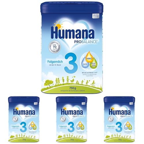 Humana PROBALANCE Folgemilch 3, ab dem 10. Monat, Babynahrung im Anschluss an das Stillen, einer Anfangsnahrung oder einer Folgemilch 2, ideal zum Zufüttern, 750 g (Packung mit 4) von Humana