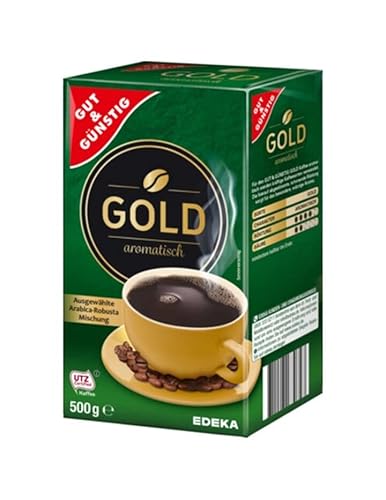 Gut und Günstig Kaffee GOLD Aromatisch gemahlen 500g | 100% Arabica Kaffee von EDEKA vakuumverpackt | Kräftiges Kaffeepulver für alle Kaffeemaschinen & French Press von Hunde