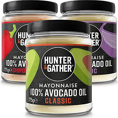 Avocado Öl-Mayonnaise | 1 x Klassisch, 1 x Knoblauch, 1 x Chipotle & Limette | Hergestellt mit reinem Avocado Öl und Eigelb von britischen Freilandeiern | Gluten- und Zuckerfrei Avocado Öl-Mayonnaise | 1 x Klassisch, 1 x Knoblauch, 1 x Chipotle & Limette | Hergestellt mit reinem Avocado Öl und Eigelb von britischen Freilandeiern | Gluten- und Zuckerfrei von Hunter & Gather