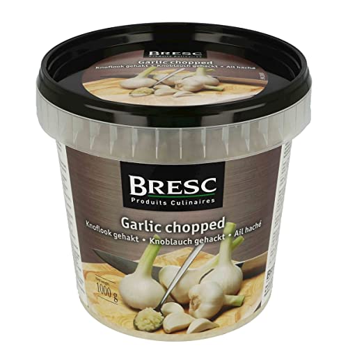 Bresc Knoblauch gehackt - 1x 1kg - grob gehackter junger Knoblauch, vegan, eingelegt in mildem Sonnenblumenöl, küchenfertig für sofortigen Gebrauch, feines und mildes Aroma von Hymor