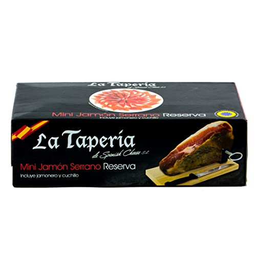 Hymor Serrano-Schinken am Stück Reserva - 1x 950g Set - Jamon Serrano in Premium-Qualität, mindestens 14 Monate gereift, mit Holzhalter und Schinkenmesser, praktische Geschenk-Box als Tapas (1er Set) von Hymor