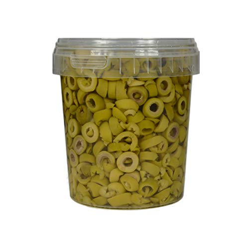 Hymor grüne Oliven geschnitten - 1x 600g Behälter - Oliven aus Marokko in Scheiben Marokkanische Olive eingelegt in Lake vegan, glutenfrei, zu Tapas, Salaten, beim Kochen von Hymor