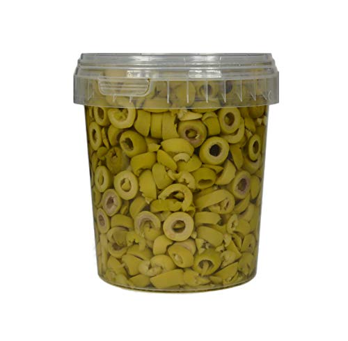 Hymor grüne Oliven geschnitten - 7x 600g Behälter - Oliven aus Marokko in Scheiben Marokkanische Olive eingelegt in Lake vegan, glutenfrei, zu Tapas, Salaten, beim Kochen von Hymor