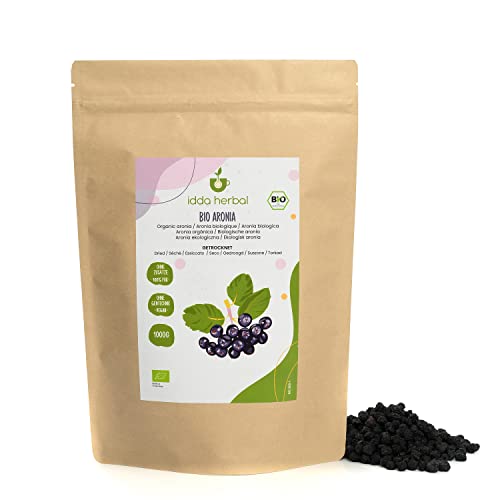 BIO Aroniabeeren getrocknet (1kg), Ganze ungesüßte Aronia Beeren aus biologischem Anbau, 100% Natürlich und rein, Verzehrfertiger Fruchtsnack, Vegan von IDDA Herbal