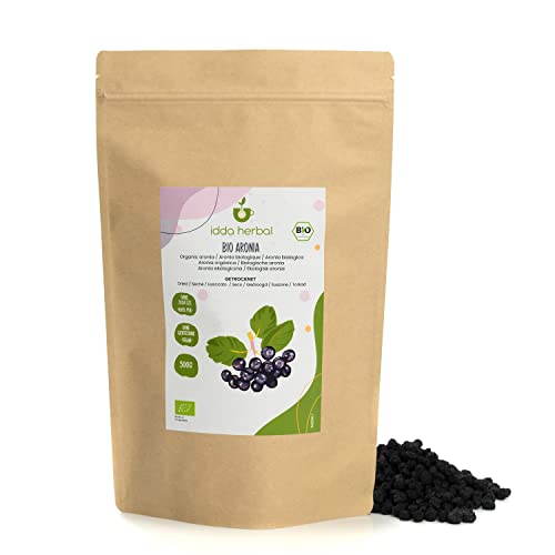 BIO Aroniabeeren getrocknet (500g), Ganze ungesüßte Aronia Beeren aus biologischem Anbau, 100% Natürlich und rein, Verzehrfertiger Fruchtsnack, Vegan von IDDA Herbal