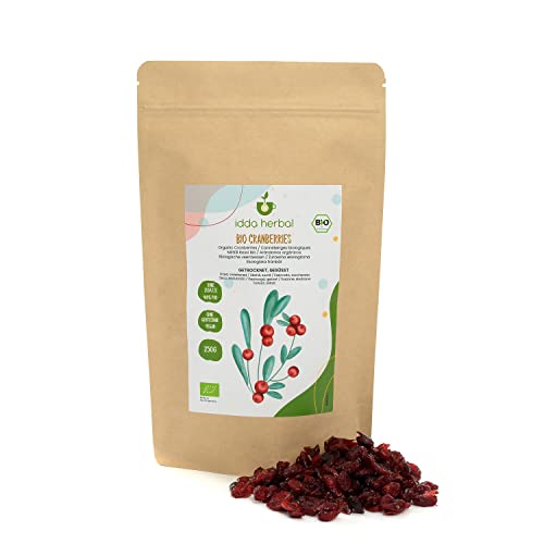 BIO Cranberries getrocknet (250g), Ganze Cranberry aus biologischem Anbau, Leicht mit Fruchtsaft gesüßt,100% Natürlich und rein, Verzehrfertiger Fruchtsnack, Vegan von IDDA Herbal