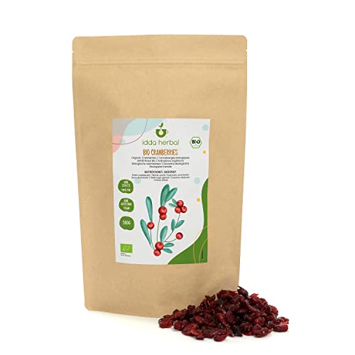 BIO Cranberries getrocknet (500g), Ganze Cranberry aus biologischem Anbau, Leicht mit Fruchtsaft gesüßt, 100% Natürlich und rein, Verzehrfertiger Fruchtsnack, Vegan von IDDA Herbal