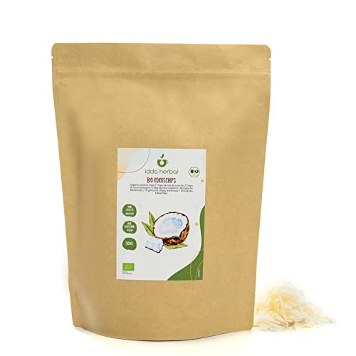 BIO Kokoschips (500g), Bio Kokos Chips ungesüßt und ungeröstet, Kokosnuss aus kontrolliert biologischem Anbau, 100% rein und naturbelassen von IDDA Herbal