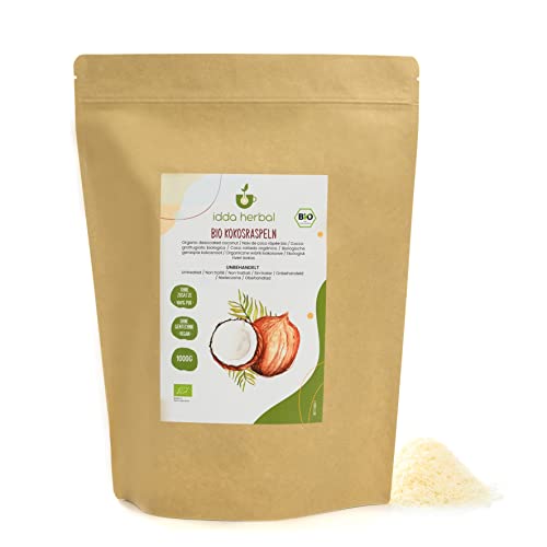 BIO Kokosraspeln (1kg), Ungesüßte und ungeröstete Getrocknete Kokos, Kokosflocken aus biologischem Anbau, 100% Natürlich und rein, Vegan von IDDA Herbal