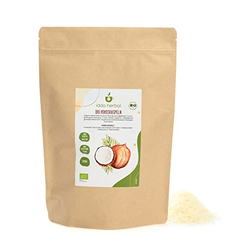 BIO Kokosraspeln (500g), Ungesüßte und ungeröstete Getrocknete Kokos, Kokosflocken aus biologischem Anbau, 100% Natürlich und rein, Vegan von IDDA Herbal