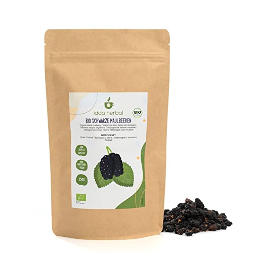 BIO Maulbeeren Schwarz (250g), Getrocknete Schwarze Maulbeeren aus biologischem Anbau, 100% Natürlich und Rein, Verzehrfertiger Fruchtsnack, Vegan von IDDA Herbal