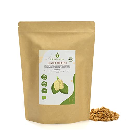 BIO Maulbeeren Weiß (1kg), Getrocknete Weiße Maulbeeren aus biologischem Anbau, 100% Natürlich und Rein, Verzehrfertiger Fruchtsnack, Vegan von IDDA Herbal