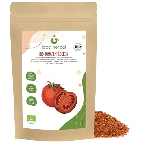 BIO Tomatenflocken (100g), Zerkleinerte Tomaten Flocken 1-3mm aus biologischem Anbau, Vegan, Gewürz aus Getrocknete Tomaten zur Zubereitung von Tomatenmark, Pastasauce, Pizzasauce von IDDA Herbal