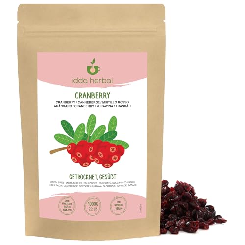 Cranberries getrocknet (1kg), Ganze Cranberry mit Apfelsaft gesüßt, Weich und zäh, Verzehrfertiger Fruchtsnack, Vegan von IDDA Herbal