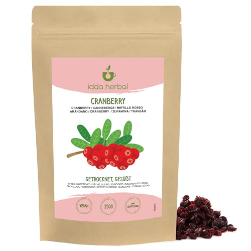 Cranberries getrocknet (250g), Cranberry ohne künstliche Zusatzstoffe, leicht mit Fruchtsaft gesüßt, Trockenobst Snack von IDDA Herbal
