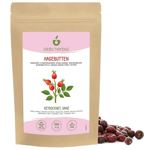 Hagebutten getrocknet (500g), Ganze getrocknete Hagebutten, Ganze Früchte der Rosa Canina, 100% Natürlich und rein für die Zubereitung von Kräutertee und Hagebuttentee von IDDA Herbal