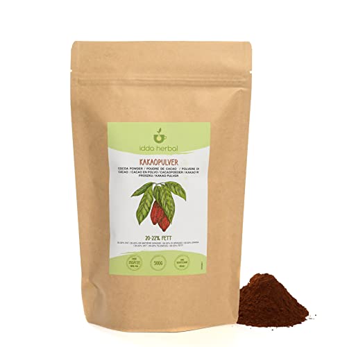 Kakaopulver (500g), Kakao Pulver 20-22%, roh, 100% natürlich und ohne Zusätze, Kakaobohnen gemahlen, ohne Zucker von IDDA Herbal