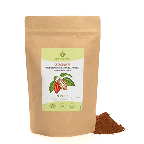 Kakaopulver (500g), Kakao Pulver stark entölt 10-12%, roh, 100% natürlich und ohne Zusätze, Kakaobohnen gemahlen, ohne Zucker von IDDA Herbal
