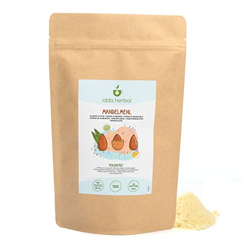 Mandelmehl (500g), Rohe Mandeln schonend gemahlen, Mandelpulver, Mandeln teilentölt, 100% Natürlich und rein, Glutenfreies Mehl, Keto, Vegan von IDDA Herbal