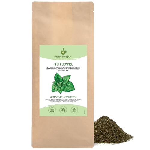 Pfefferminztee (125g), Loser Tee, Pfefferminzblätter getrocknet und geschnitten, 100% Natürliche und reine Pfefferminze für die Zubereitung von Pfefferminz Tee und Kräutertee von IDDA Herbal