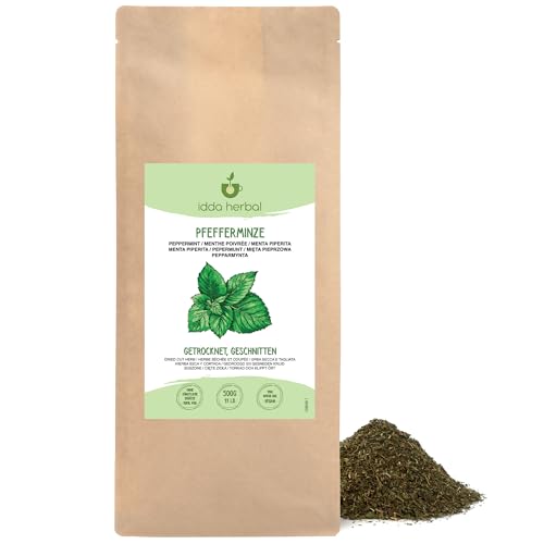 Pfefferminztee (500g), Loser Tee, Pfefferminzblätter getrocknet und geschnitten, 100% Natürliche und reine Pfefferminze für die Zubereitung von Pfefferminz Tee und Kräutertee von IDDA Herbal