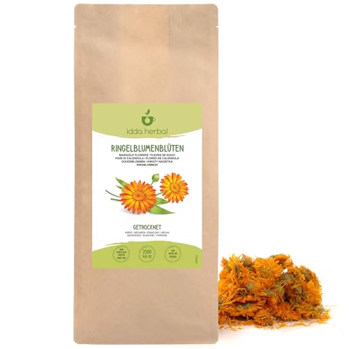 Ringelblumenblüten Loser Tee (250g), Ringelblumen Blüten getrocknet, 100% Natürliche und reine Calendula zur Zubereitung von Kräutertee und Ringelblumentee von IDDA Herbal