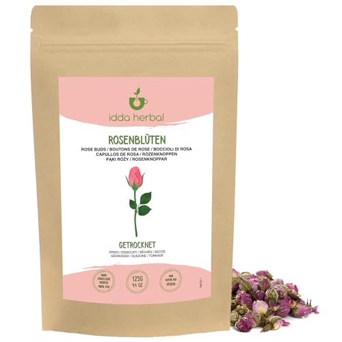 Rosenblüten getrocknet (125g), Rosenblütentee, Rosenblätter, 100% Natürlich und rein Rosenknospen für die Zubereitung von Kräutertee und Rosenknospentee von IDDA Herbal