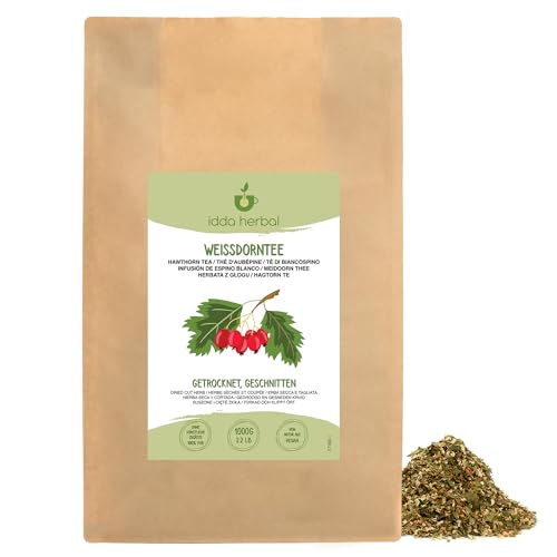 Weißdorn Loser Tee (1kg), Weißdorn Blätter mit Blüten, Weissdorn getrocknet und geschnitten, 100% Natürlich und rein für die Zubereitung von Kräutertee und Weißdorntee von IDDA Herbal