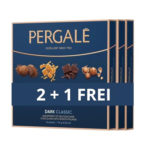 Pralinenschachteln, Schokolade zum Verschenken Pergalé 113 g – Geschmacksrichtungen: Haselnuss, Trüffel, Schokolade und Karamell – 16 Stück. (2 + 1 FREI, Dark Classic) von IMPERIAL COAST