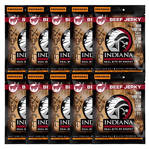 Indiana Jerky Beef Peppered, High Protein, ohne Zuckerzusatz, Gluten-frei (10 x 25 g) von Indiana Jerky