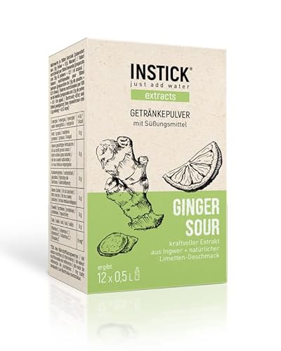 INSTICK Extracts Ginger Sour | Zuckerfreies Instant-Getränk mit Ingwer-Extrakt und natürlichem Limetten-Aroma | 12-er Packung für 12 x 0,5 L Getränkepulver vegan, kalorienarm, leicht gesüßt mit Stevia von INSTICK just add water