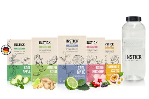 INSTICK Extracts | Zuckerfreie Instant-Getränke | im Bundle mit Extrakten und natürlichen Aromen + Trinkflasche 0,5L | 5x12 Sticks -1 Stick für 0,5L | Getränkepulver vegan, kalorienarm, leicht gesüßt von INSTICK just add water