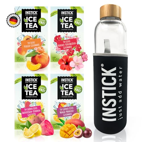 INSTICK Ice Tea | Zuckerfreies Instant-Getränk | Bundle S Eistee + Glasflasche Borosilikat 1 L | 4x12 Sticks - 1 Stick für 0,5-1 L | Getränkepulver - vegan, kalorienarm, mit Vitamin C, aromatisiert von INSTICK just add water